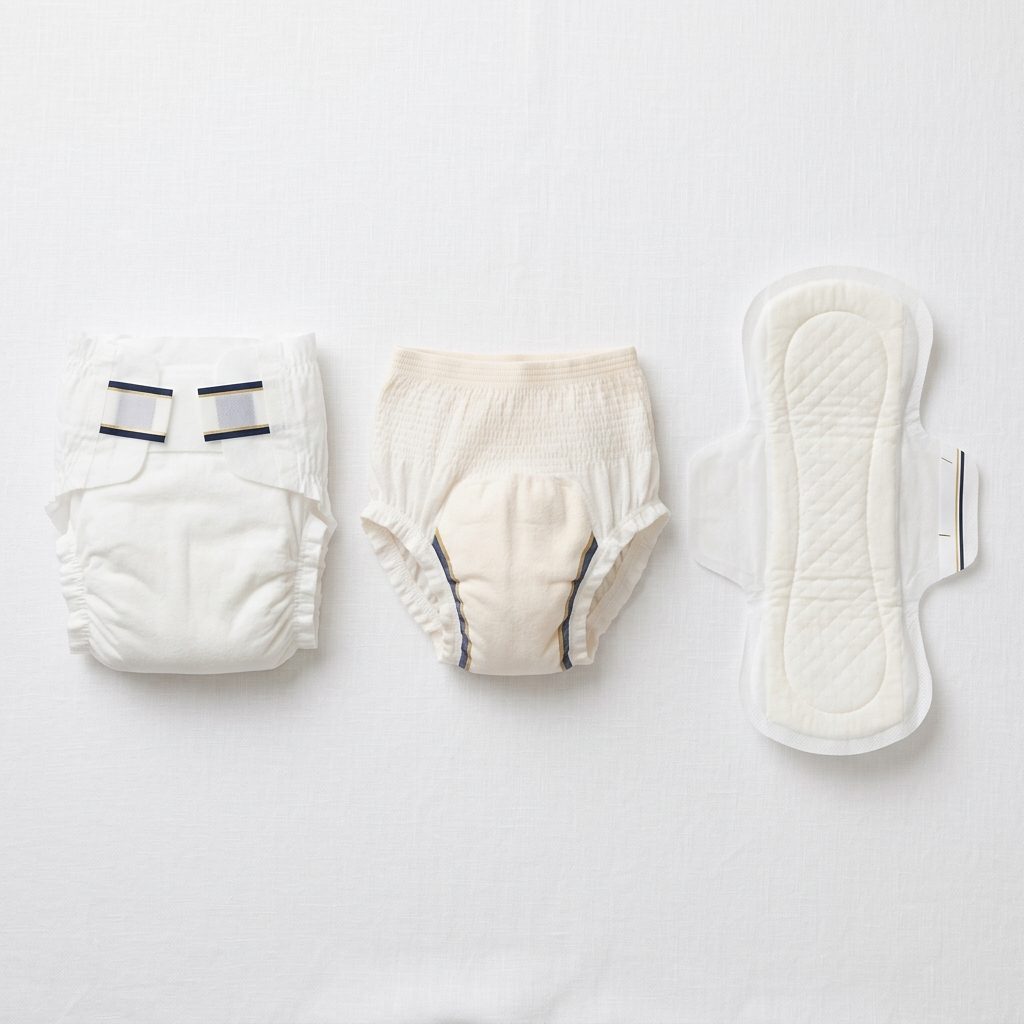 Tipos de fraldas geriátricas de abas, calça absorvente e absorventes íntimos