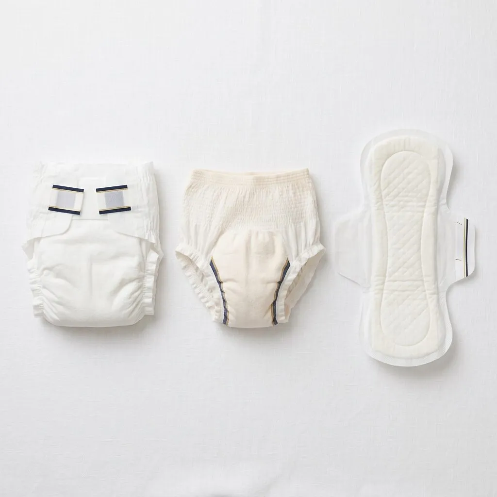 Tipos de fraldas geriátricas de abas, calça absorvente e absorventes íntimos