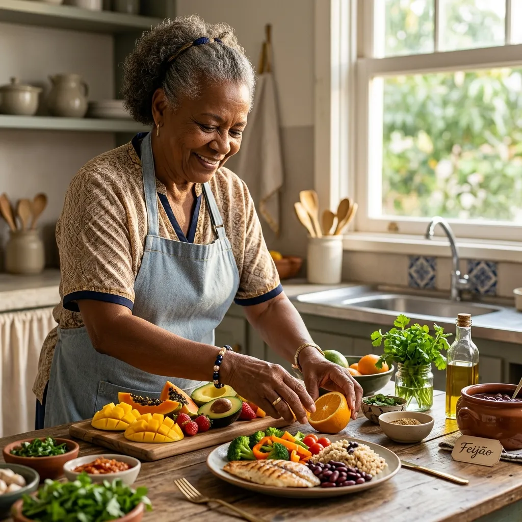 Mulher idosa preparando uma salada colorida e saudável na cozinha