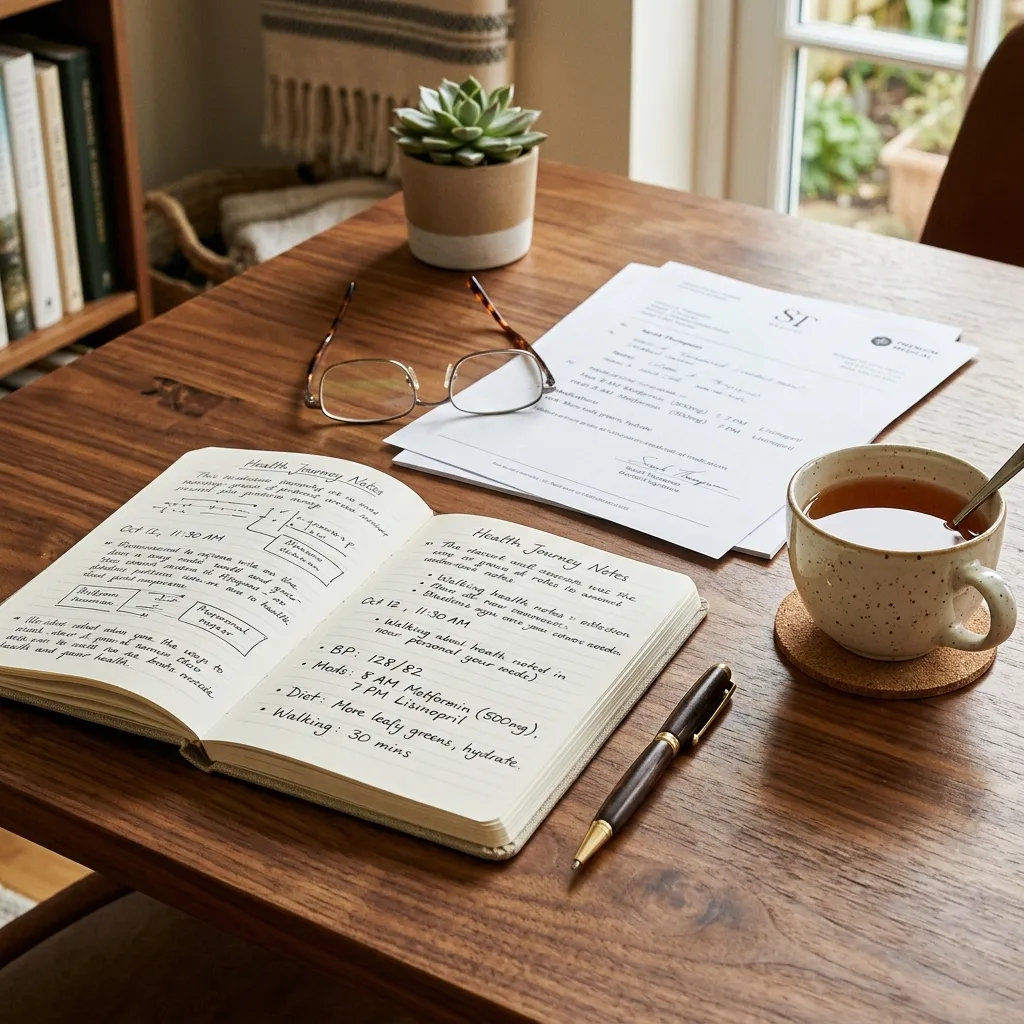 Caderno com anotações de saúde e óculos sobre mesa de madeira acolhedora
