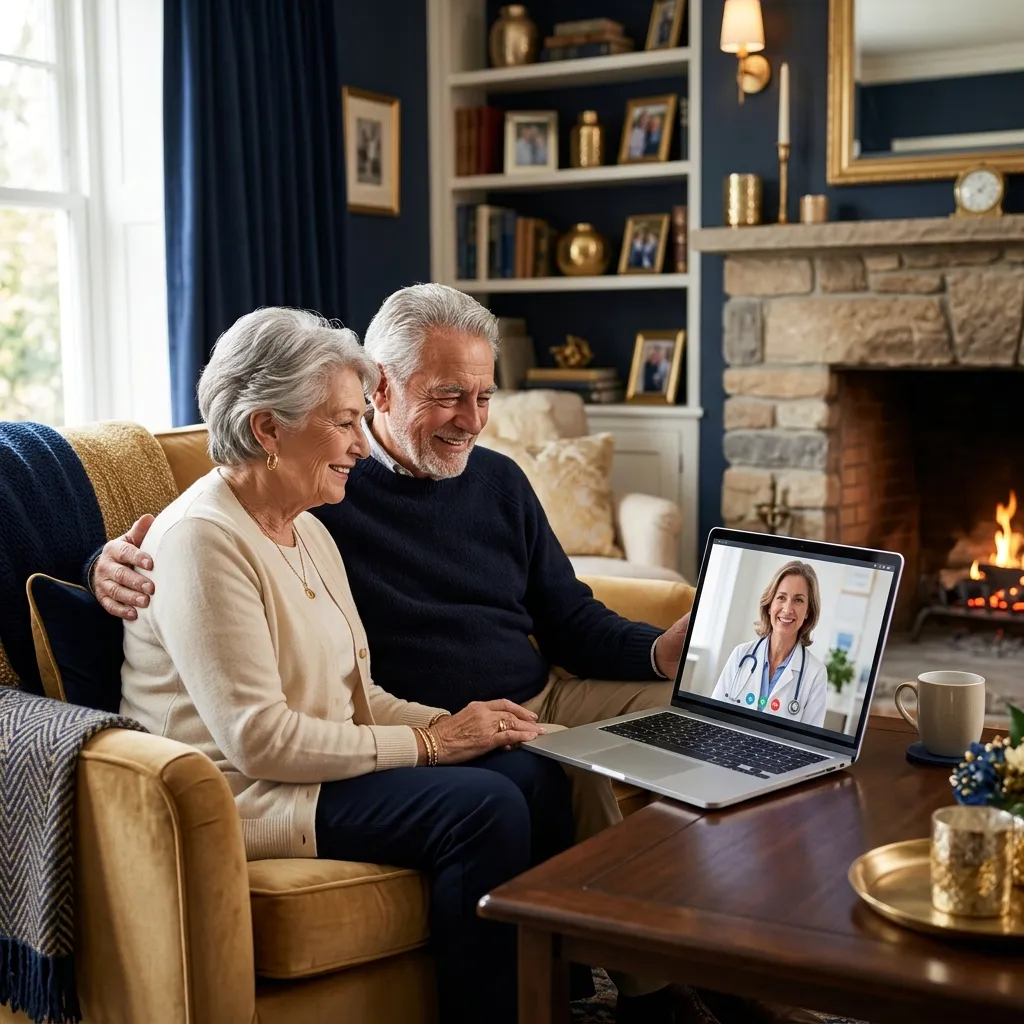Família reunida com idoso conversando alegremente com o geriatra na tela do computador